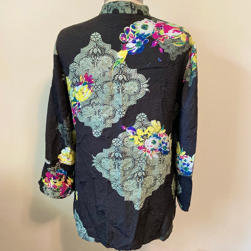 Citron Santa Monica Silk Button Shirt Blouse Medium Black Green Yellow Floral - Picture 2 of 10